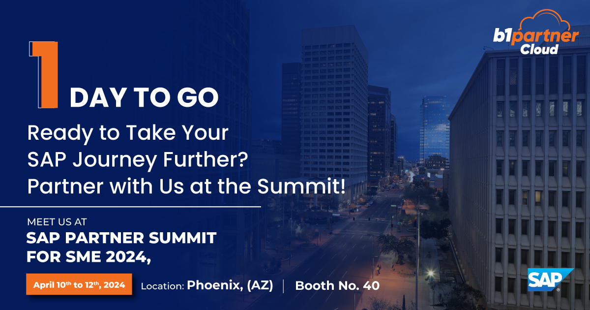 Just 1 day to go! Experience the future of secure, scalable SAP B1 in the private cloud!

Join B1 Partner Cloud at the #SAPPartnerSummit. Don't miss out! 

bit.ly/3vGP82P

🗓️10th - 12th April
🌐Phoenix Convention Centre, AZ.
📍Booth No. 40

#PrivateCloud #B1PartnerCloud