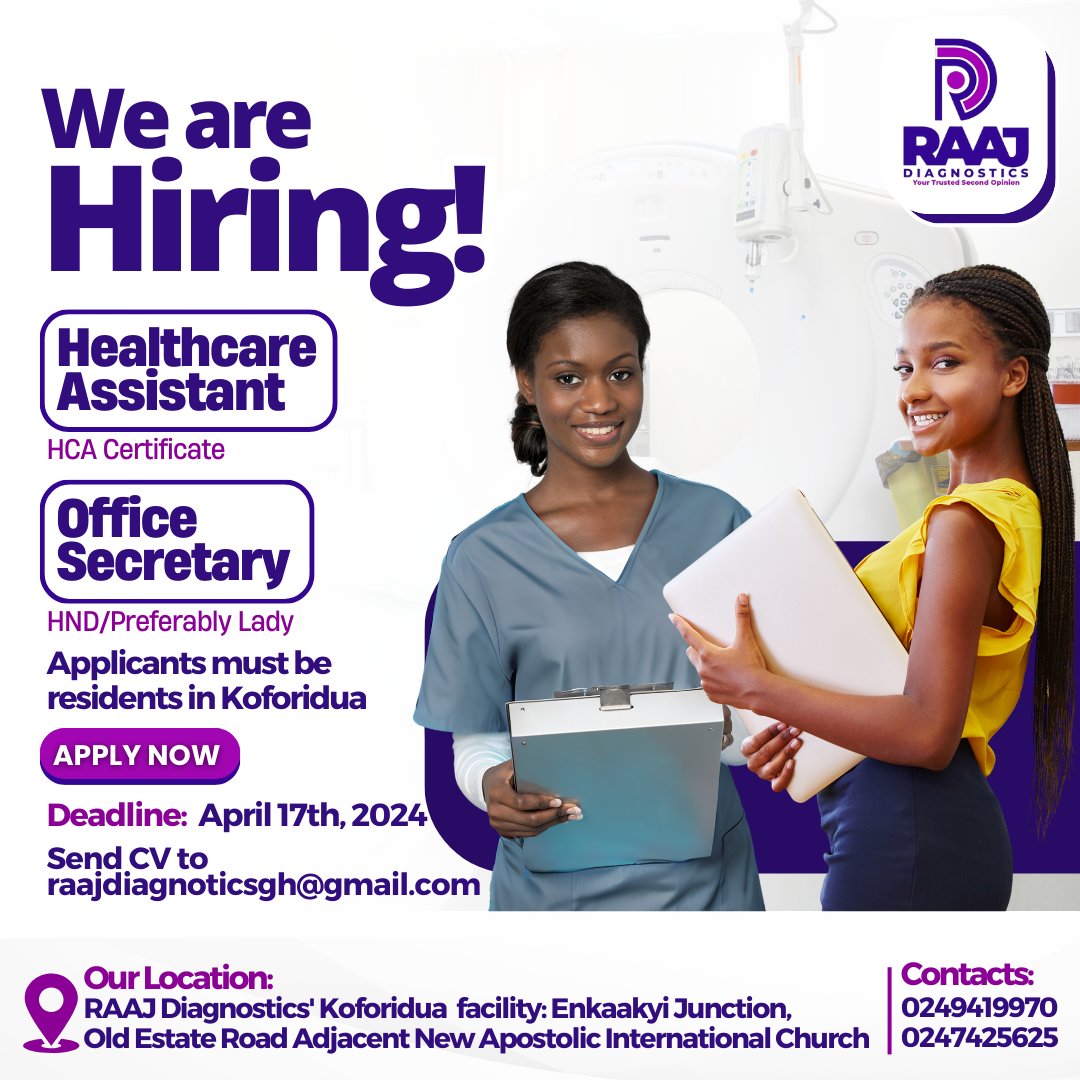 raajdiagnostics's tweet photo. VACANCY! VACANCY!! VACANCY!!!
Join @raajdiagnostics Koforidua team. https://t.co/tvlT8qlqs4