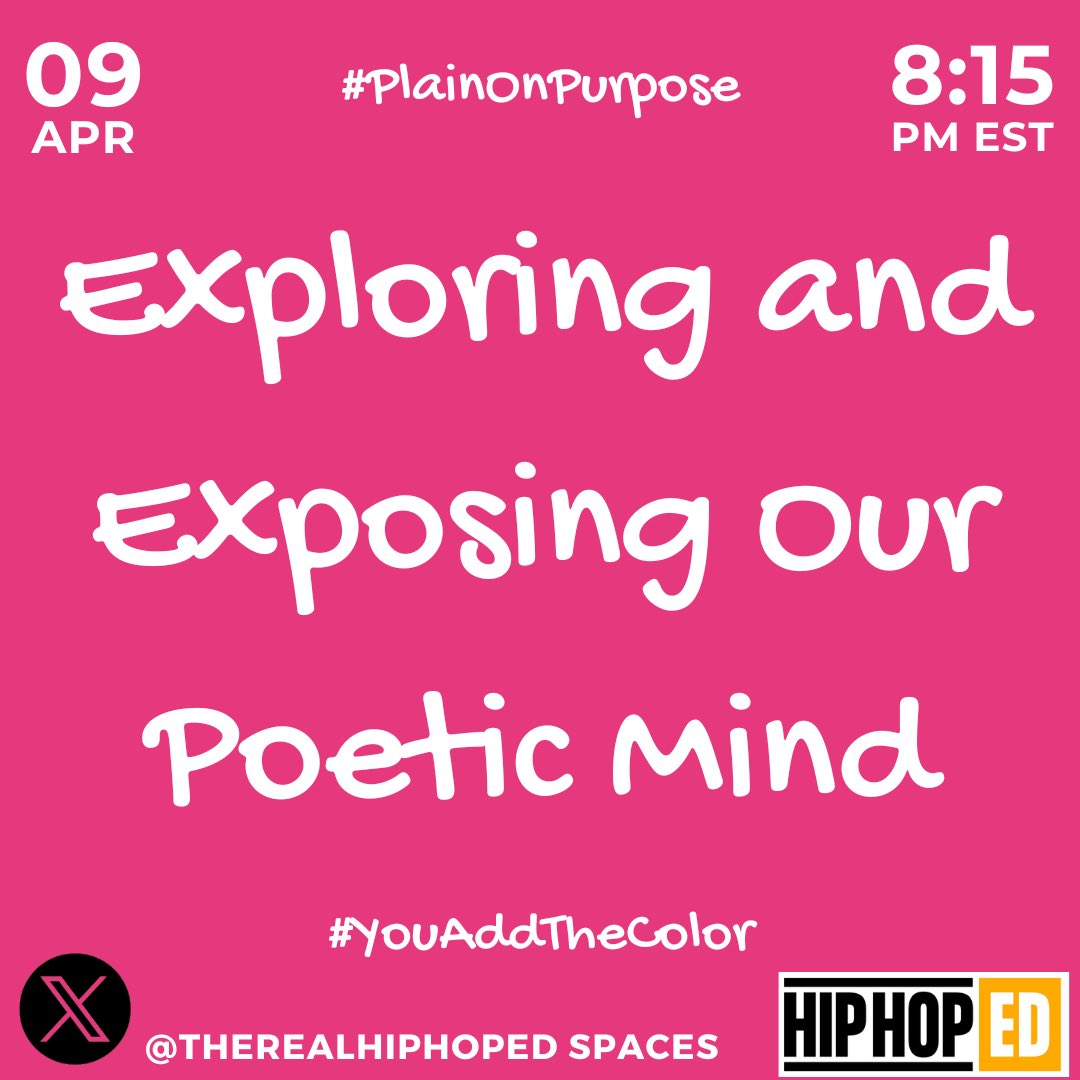 @hthgse @MichelleSadrena @kalebrashad @EmilyLiebtag Tonight 8:15 pm EST #HipHopEd Join us on spaces w/@therealhiphoped as we collectively explore and expose our poetic mind #NationalPoetryMonth