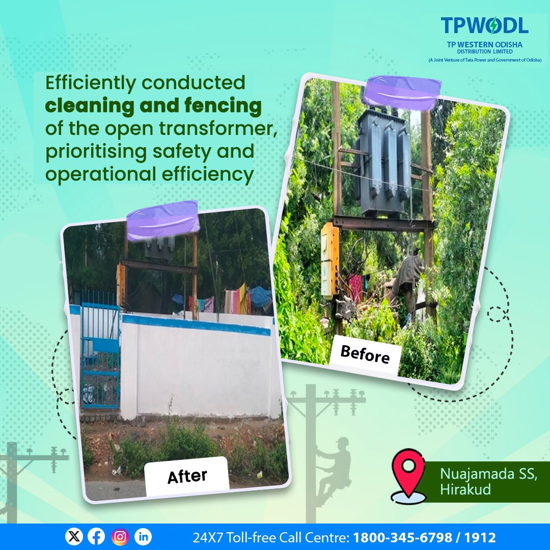 Our team has completed the cleaning and fencing of the open electrical transformer, ensuring its  optimal performance and enhancing safety measures for the community.
 
#ThisIsTataPower #StrengtheningNetwork #PoweringProgress