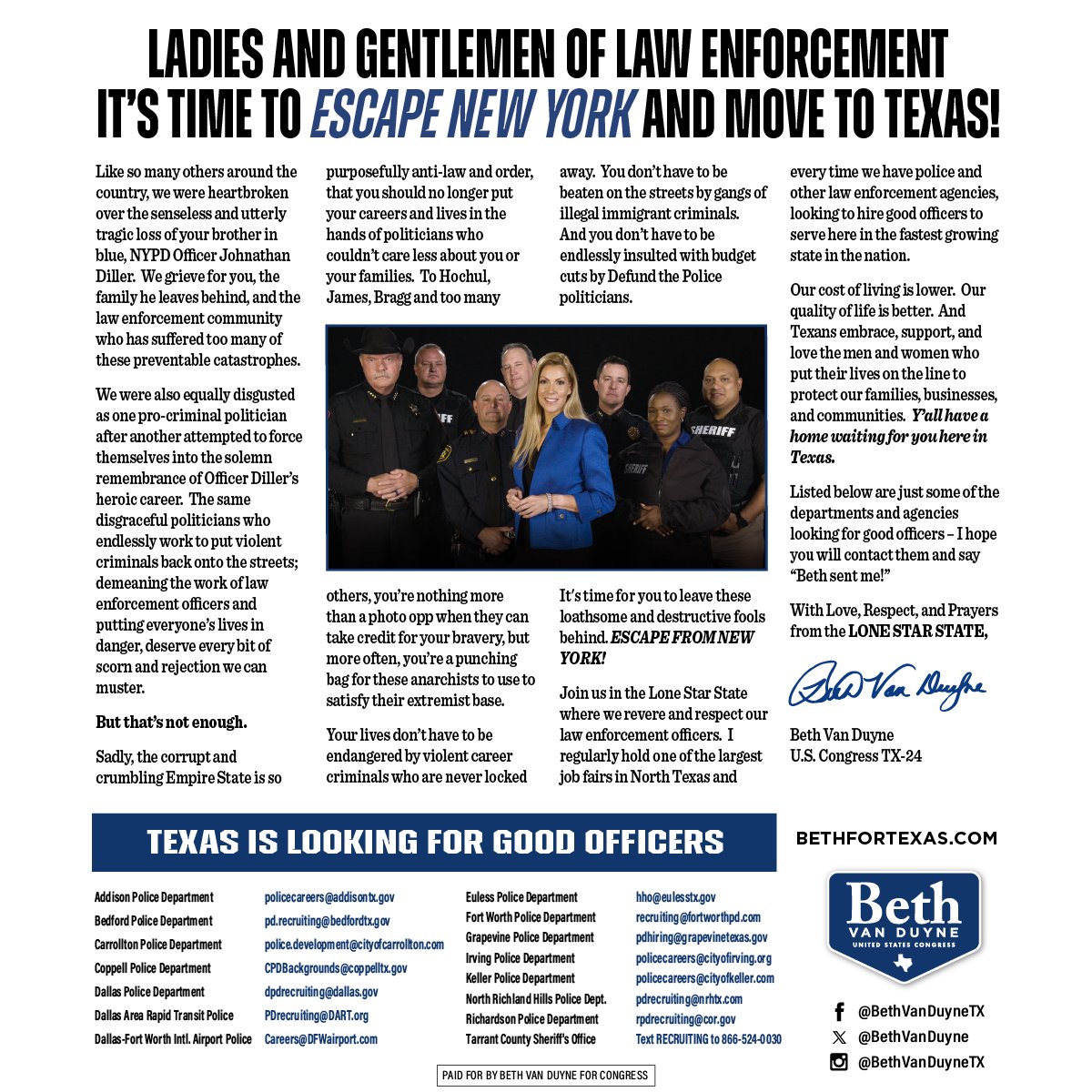 Today, we launched a law enforcement recruitment ad in the New York Post! If radical-left New York politicians won’t support the brave men and women in law enforcement, we encourage those officers to move to North Texas. We love low taxes, growth, opportunity, freedom, and our