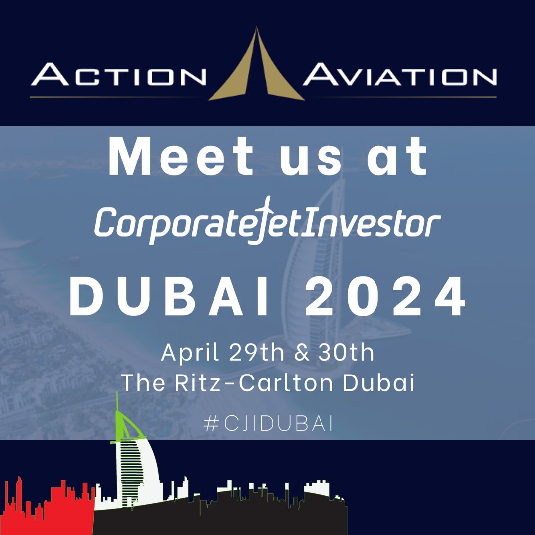 Action Aviation is excited to reunite at the upcoming CJI in our hometown, Dubai! We take immense pride in being the longstanding sponsor, participant and attendee of the Corporate Jet Investor conferences globally! 

#cjidubai
#cji
#thedealmakers
#aircraftsales
#meeting