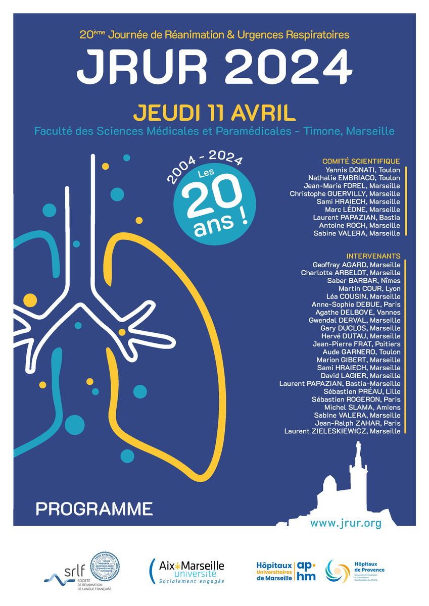 aphm_actu's tweet photo. 🚨 J-2 avant la 20ème Journée de Réanimation & Urgences Respiratoires à #Marseille ! 🩺💨 Une journée riche en connaissances et échanges sur les avancées qui ont marqué le domaine. Découvrez le programme et inscrivez-vous vite ! #JRUR2024 #APHM  🔗https://t.co/EBYrnhVOVQ