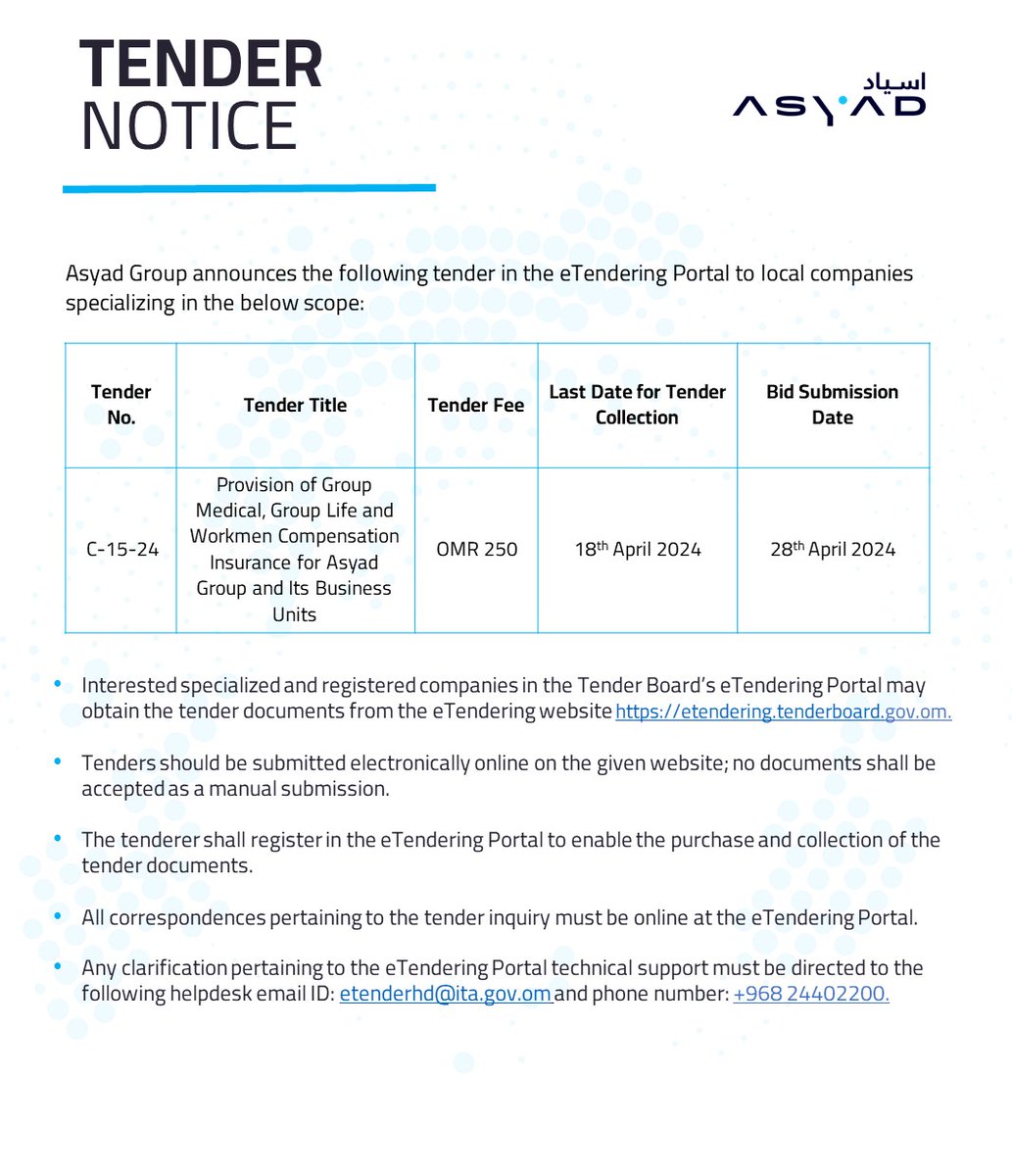 Asyad Group announces the following tender in the eTendering Portal to local companies specializing in the below scope. #ASYADGroupTenders