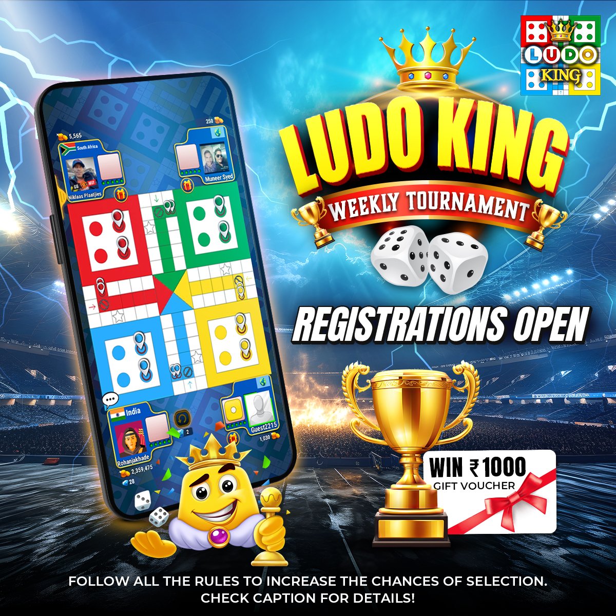 #LudoKing Tournament 🏆 Registrations are open for this week & the winner of the game wins Rs. 1000 🔊 Rules: 🎲 Like & share top 3 posts of @LudoKingGame 🎲 Follow Ludo King & Comment ' I want to play the #LudoKingTournament ' 🎲 Tag your Friends #contestalert #contest