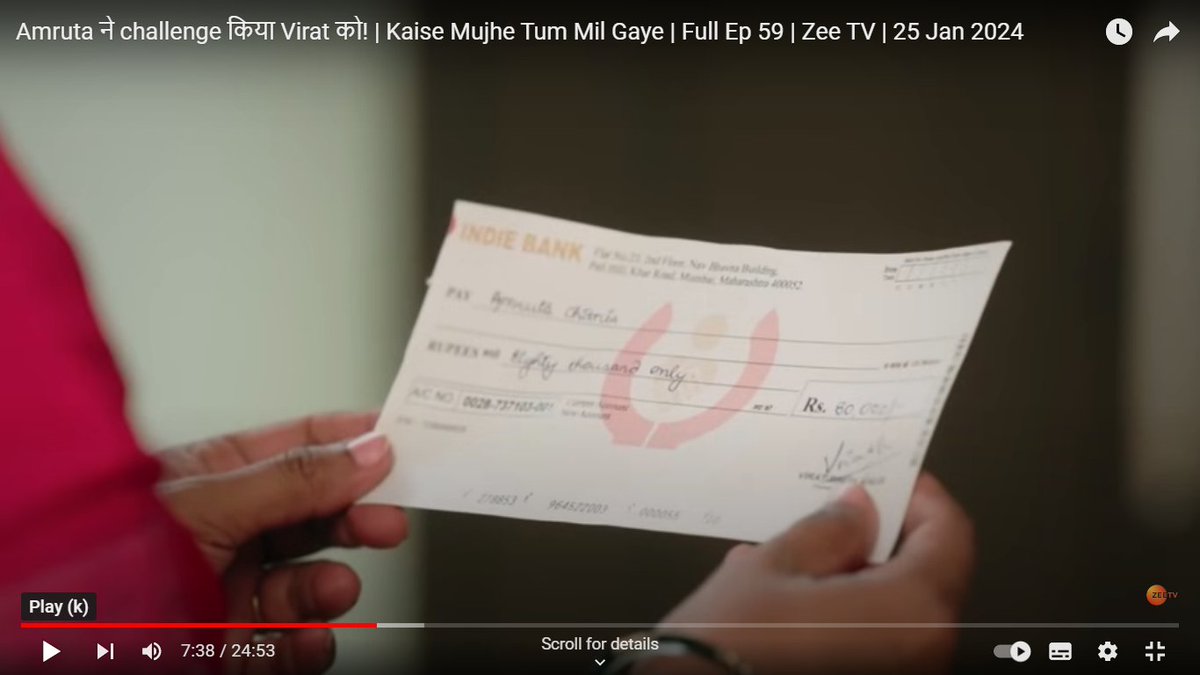 After this👇80,000 chq she received from Virat before Lohri in Jan, Amruta & her family have NOT been shown with any other earnings, jobs or savings till Holi in Mar. 😧 So how was family even surviving financially for so long, with pending bills to clear?🤔
#kaisemujhetummilgaye