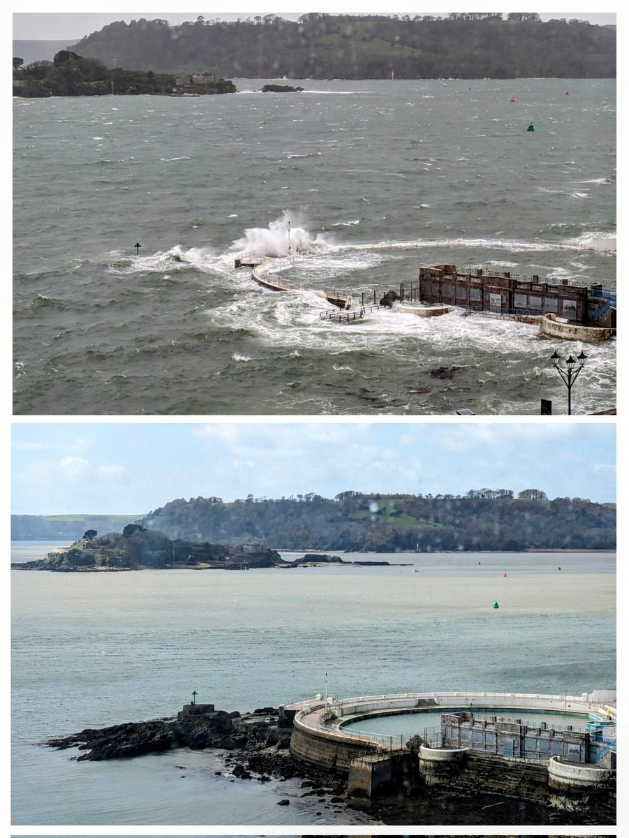 Where's the lido?:) #plymouth What a difference a day makes eh! Yesterday's southwest surge and high tides and today's complete change in wind direction (WNW), blowing 60 knots during the night. About high tide in upper picture and 1 hour to low water in lower pic.