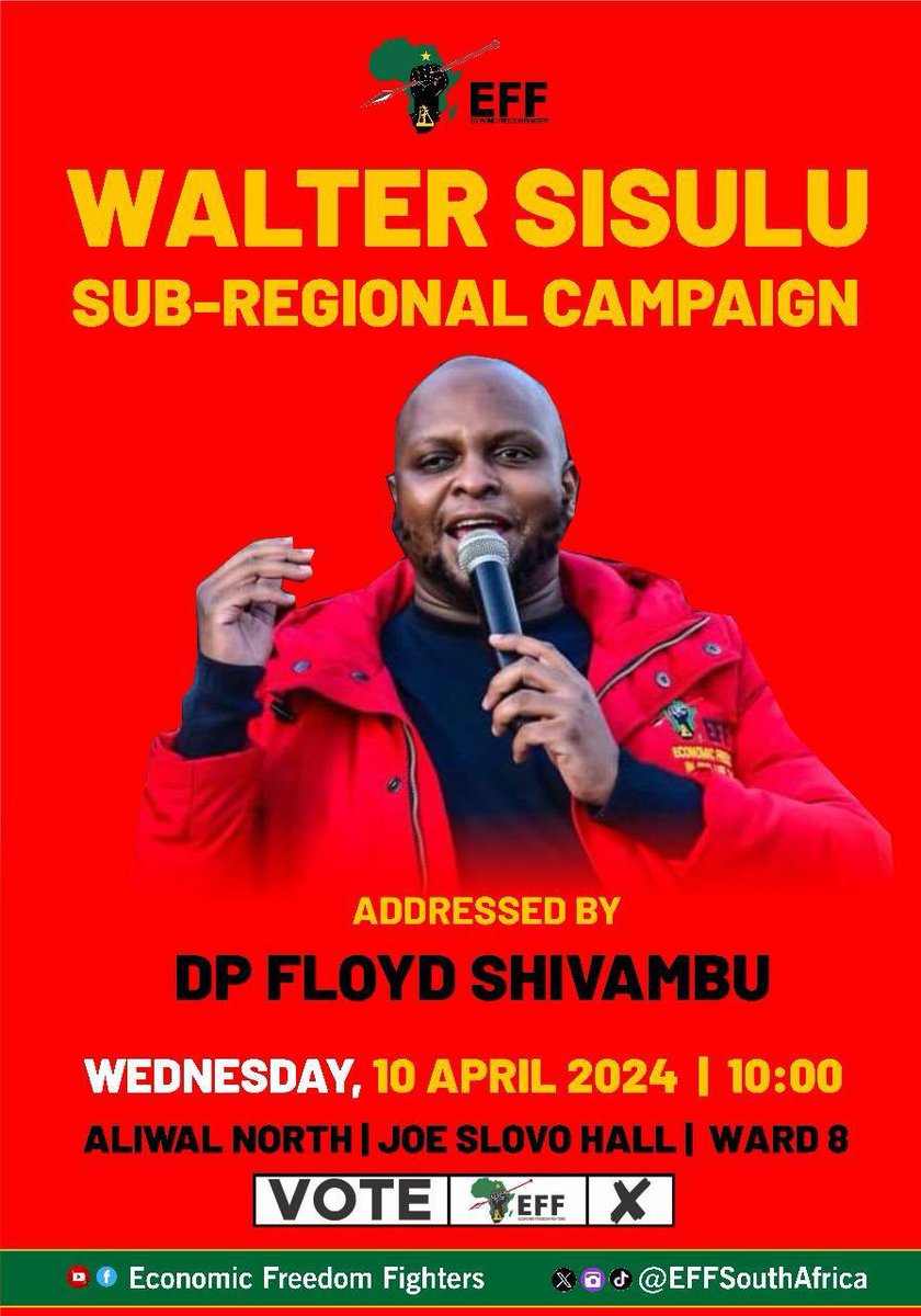 [HAPPENING TOMORROW]🚨 The EFF Deputy President, Cmsr @FloydShivambu will address the ground- forces of Joe Gqabi Region under the following details: #VoteEFF29May