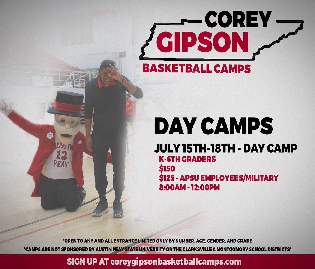 🚨🚨🚨
GOV Nation! Summer Camps are now open for registration! Sign up TODAY to save your spot as they are limited!

Register at coreygipsonbasketballcamps.com

See you soon! 🏀🎩