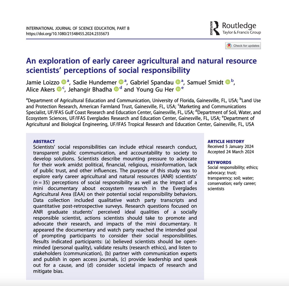 New publication! Learn how a mini-documentary impacted early career scientists' perceptions of social responsibility. tandfonline.com/eprint/YWFSZVB… Funded by: @CUAHSI Partners: @SoilWaterSci @UFSustainableAg @EvergladesREC #scicomm #Sustainability