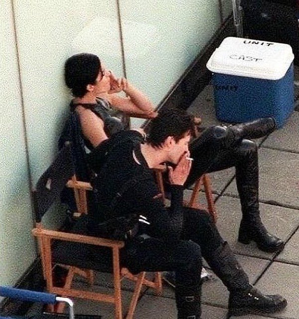 Keanu Reeves and Carrie-Anne Moss on the set of The Matrix, 1999