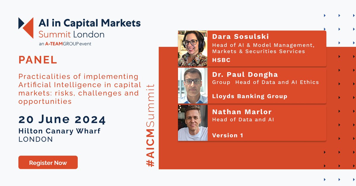 Join us at #AICMSummit on 20 June for this panel discussion on the practicalities of implementing Artificial Intelligence in capital markets; with speakers from @hsbc @LBGplc & @version1 Register: a-teaminsight.com/events/ai-in-c… #AICMSummit #AI #capitalmarkets #usecases #AIethics