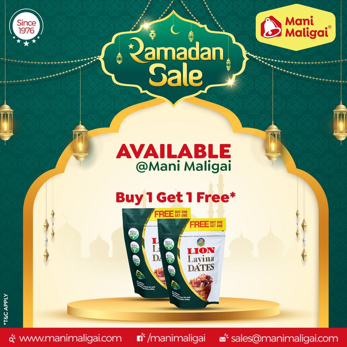 🌙✨ Get ready for Ramzan with our special offer at Mani Maligai Supermarket! Buy one Lion Dates pack, get one FREE! Don't miss out!🛒 📞99924 99924 linkto.contact/MM-WA manimaligai.com #Manimaligai #Pollachi #Supermarket #RamalanSale #LionDates #SpecialOffer