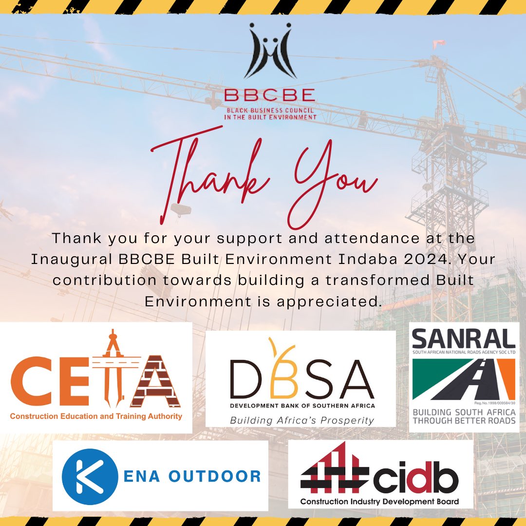 Thank you to our sponsors for their participation at our Inaugural Built Environment Indaba. Your contributions were instrumental in making this event a resounding success. @SANRAL_za @DBSA_Bank @CETASkillsDev @cidb_sa @KenaOutdoorZA #BBCBE4CHANGE