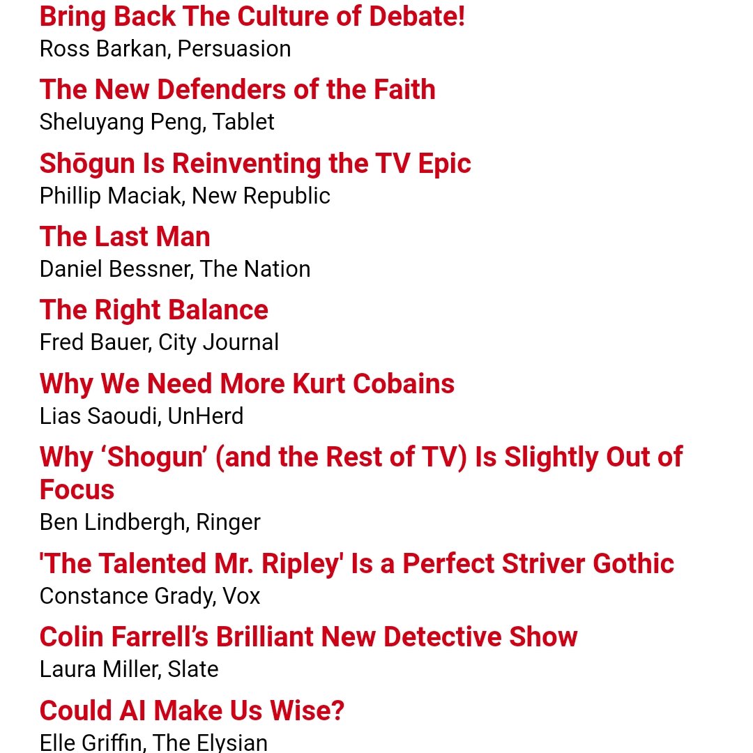 realclearbooks.com Tuesday reads: @RossBarkan for @JoinPersuasion, @AxiomAmerican for @tabletmag, @pjmaciak for @newrepublic, @dbessner for @thenation, @fredbauerblog for @CityJournal, @BenLindbergh for @ringer, @constancegrady for @voxdotcom, and many others.
