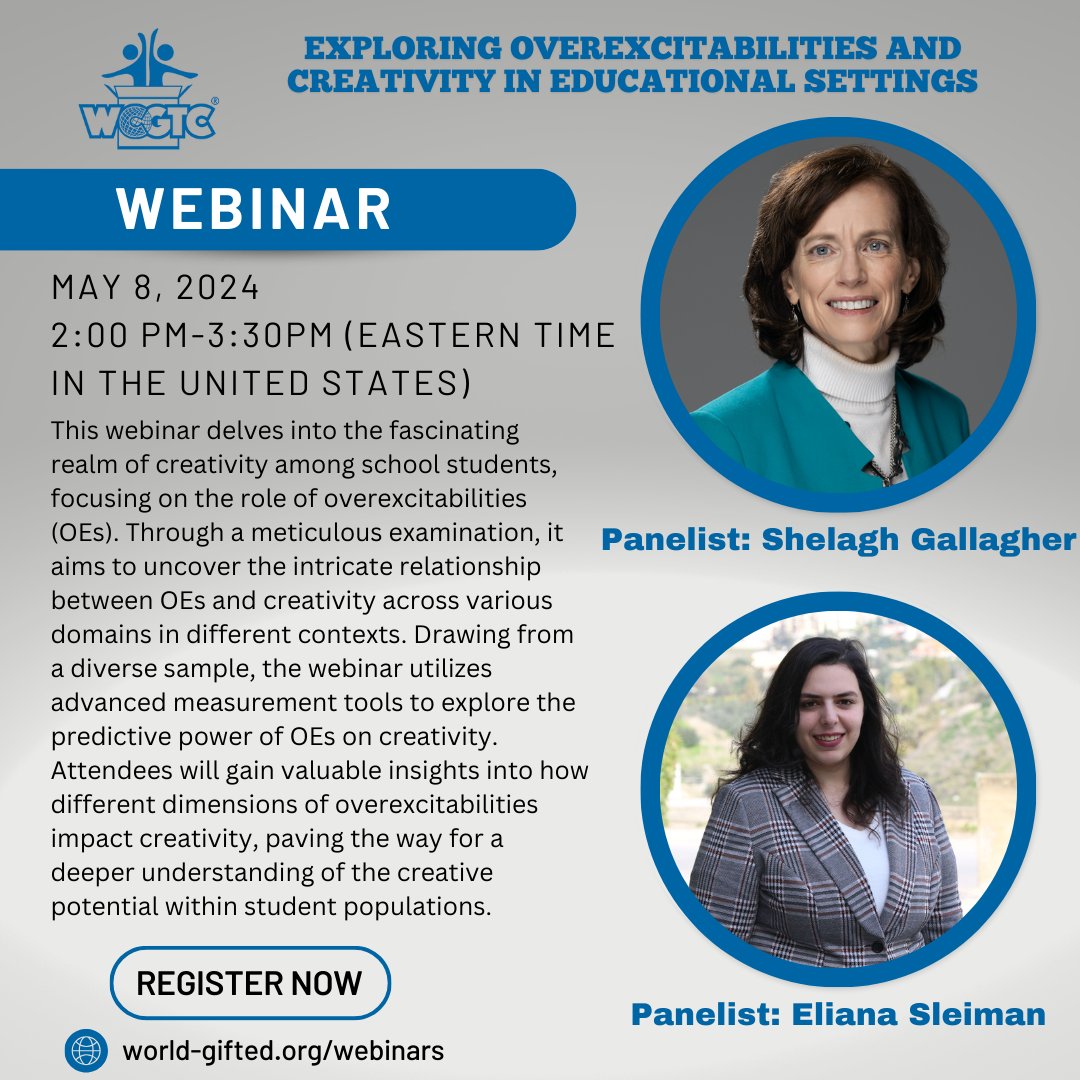 Check our our next webinar on May 8. Learn more at world-gifted.org/webinars #gtchat #edchat #gifted #giftededucation #talentdevelopment #creativity #overexcitabilities #wcgtc
