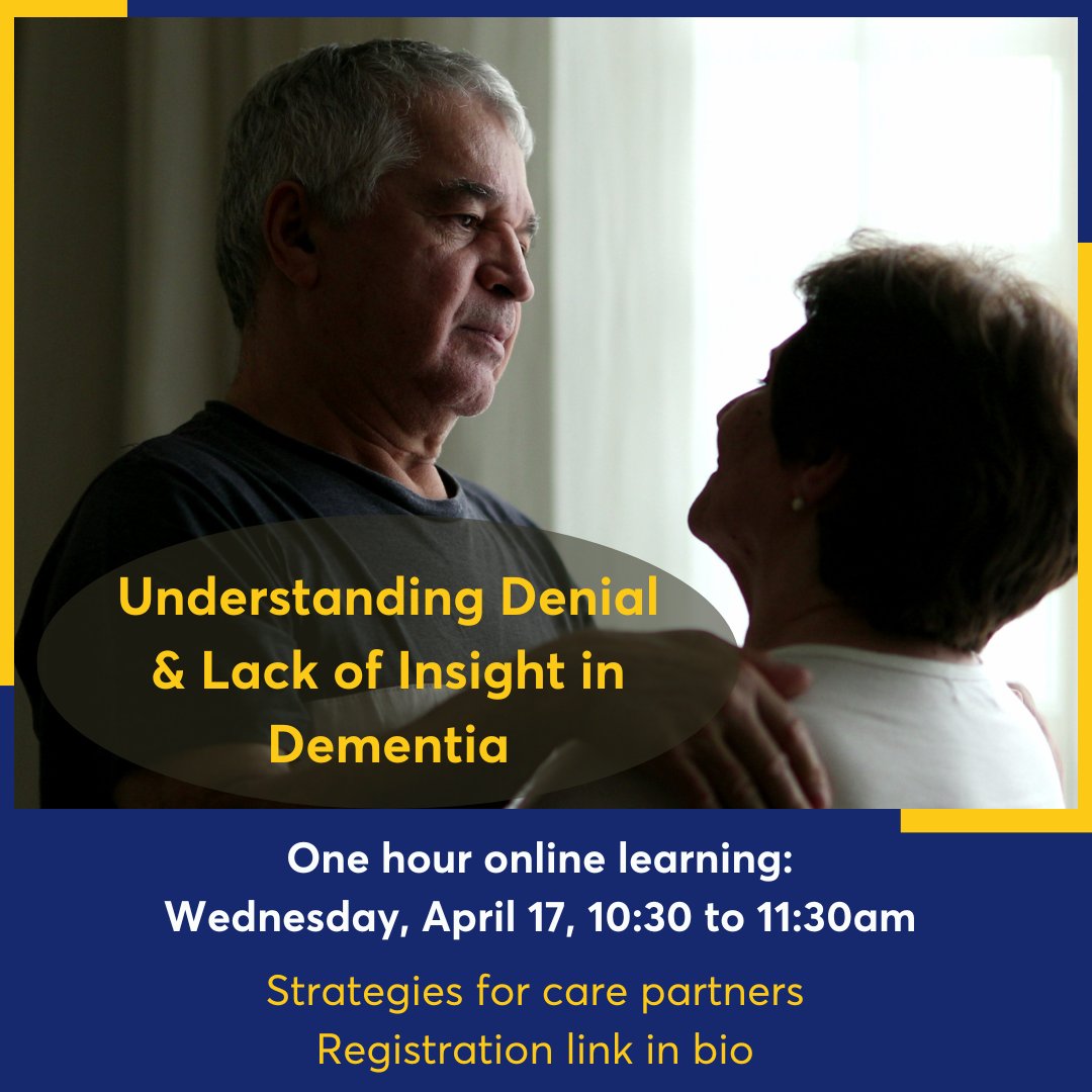Lack of insight, or anosognosia, affects many people living with dementia and can be confused with denial; the effect is that they aren't aware of their own changes in behaviour.  This learning session offers useful strategies for care partners. see link in IG bio to register.