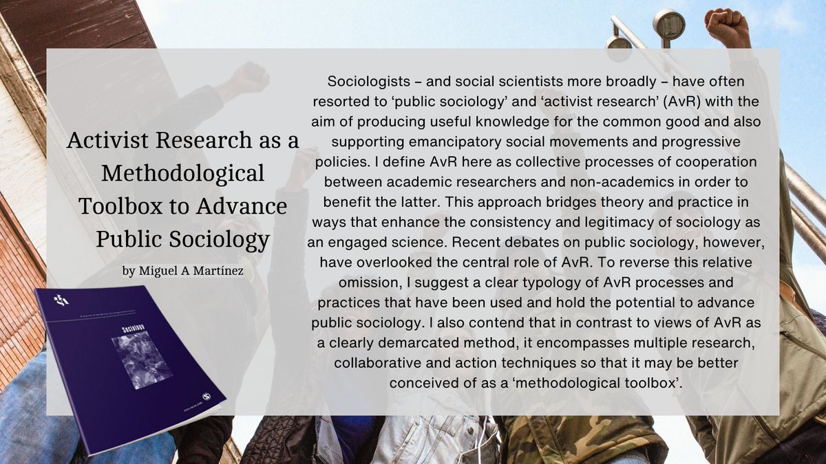 “Activist Research as a Methodological Toolbox to Advance Public Sociology” argues that activist research encompasses multiple research, collaborative and action techniques. Read the full article #OpenAccess doi.org/10.1177/003803…