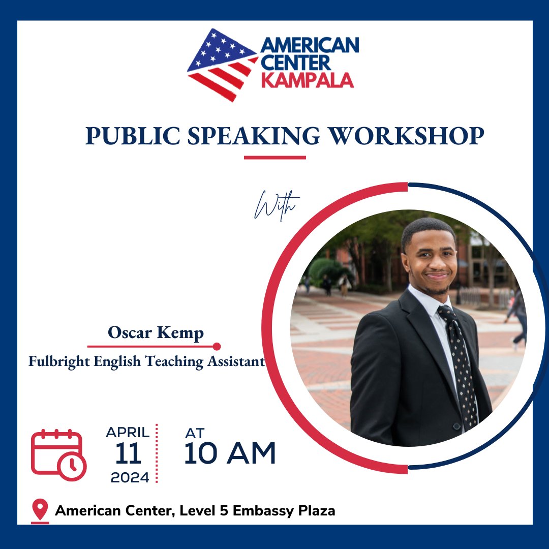 Are you looking to advance your leadership abilities and redefine your communication skills? Join Oscar Kemp at #AmericanCenterKampala on April 11 at 10am to build your confidence as a leader and public speaker. Register here: forms.gle/11HYLpuwyTqUG5…