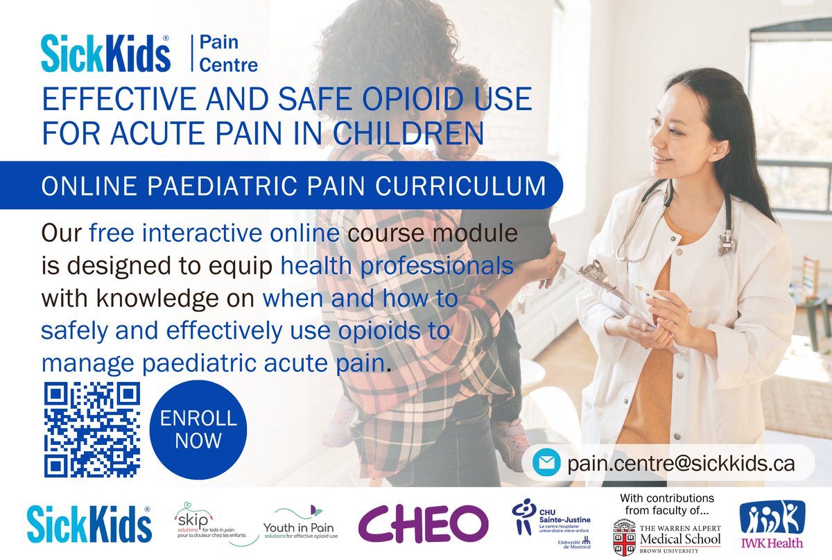 Our latest module aims to empower health professionals with the knowledge to use #opioids effectively and safely to manage #PediatricAcutePain. Be part of the solution and enroll at bit.ly/4aIlvgs! Many thanks to @kidsinpain & @GovCanHealth! #ItDoesntHaveToHurt #PedsPain