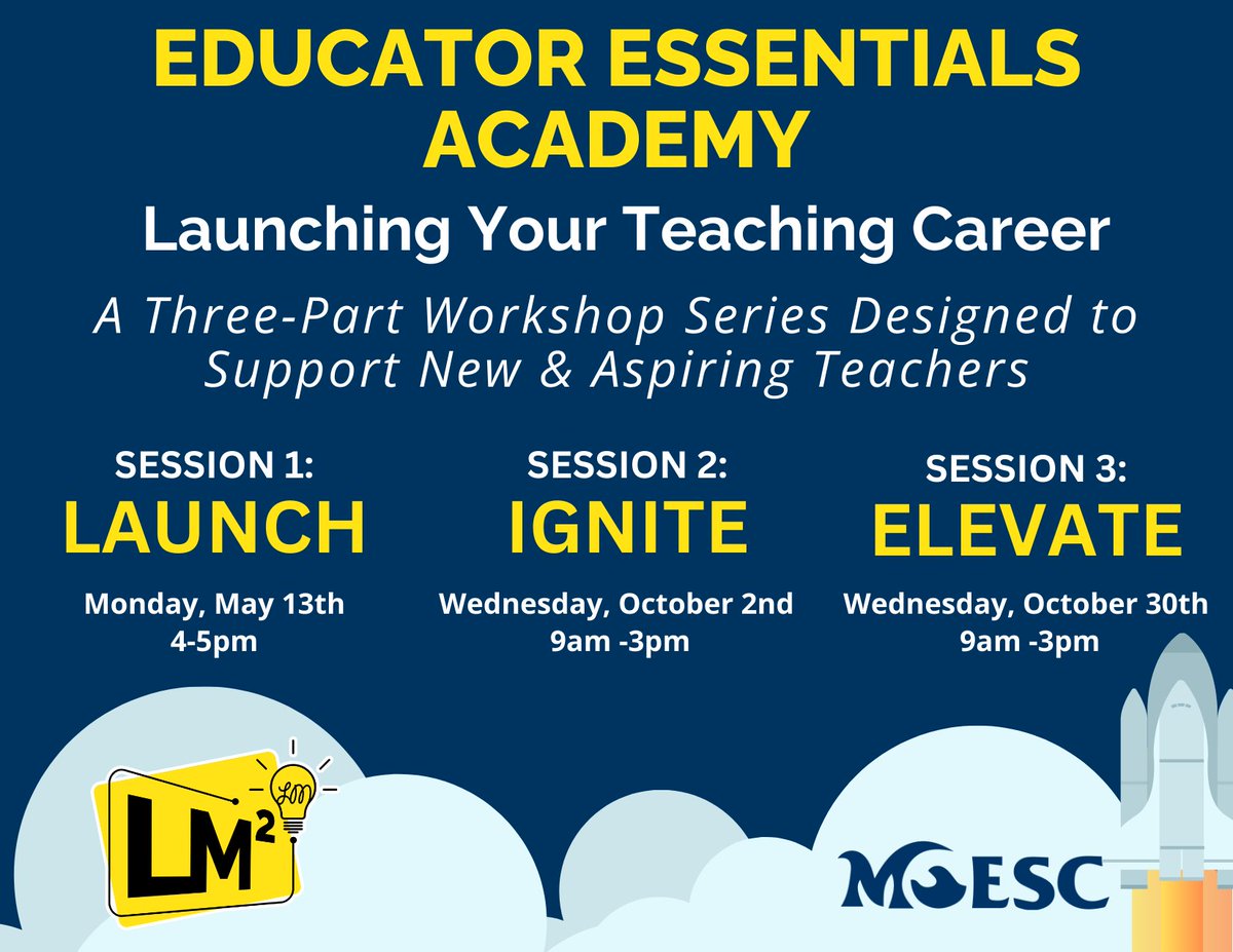 In partnership with <a href="/LMSquared/">LM Squared</a> Consultants, we are thrilled to announce the new "Educator Essentials Academy:" A 3-part PD series for novice teachers

✅first session FREE 
✅no commitment to join 

more info &amp; registration 👉moesc.org/pd/eea <a href="/DrGeorge_MU/">William O. George III</a> <a href="/DrGrayMorales/">Wendy Gray Morales, Ed.D.</a>