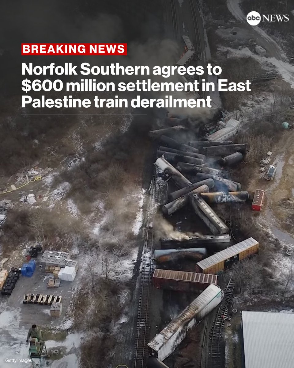 BREAKING: Norfolk Southern has agreed to a $600 million settlement to resolve a class action lawsuit related to the train derailment in East Palestine, Ohio, in February 2023. trib.al/pEniBAC