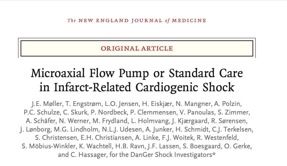 Microaxial Flow Pump or Standard Care in Infarct Related Cardiogenic Shock: @NEJM 🥸It was quite busy in ACC to tweet, but will try to summarize few highlights for trials if anyone missed them. 😱Starting with DanGer Shock: funded by Abiomed Summary 👇👇👇