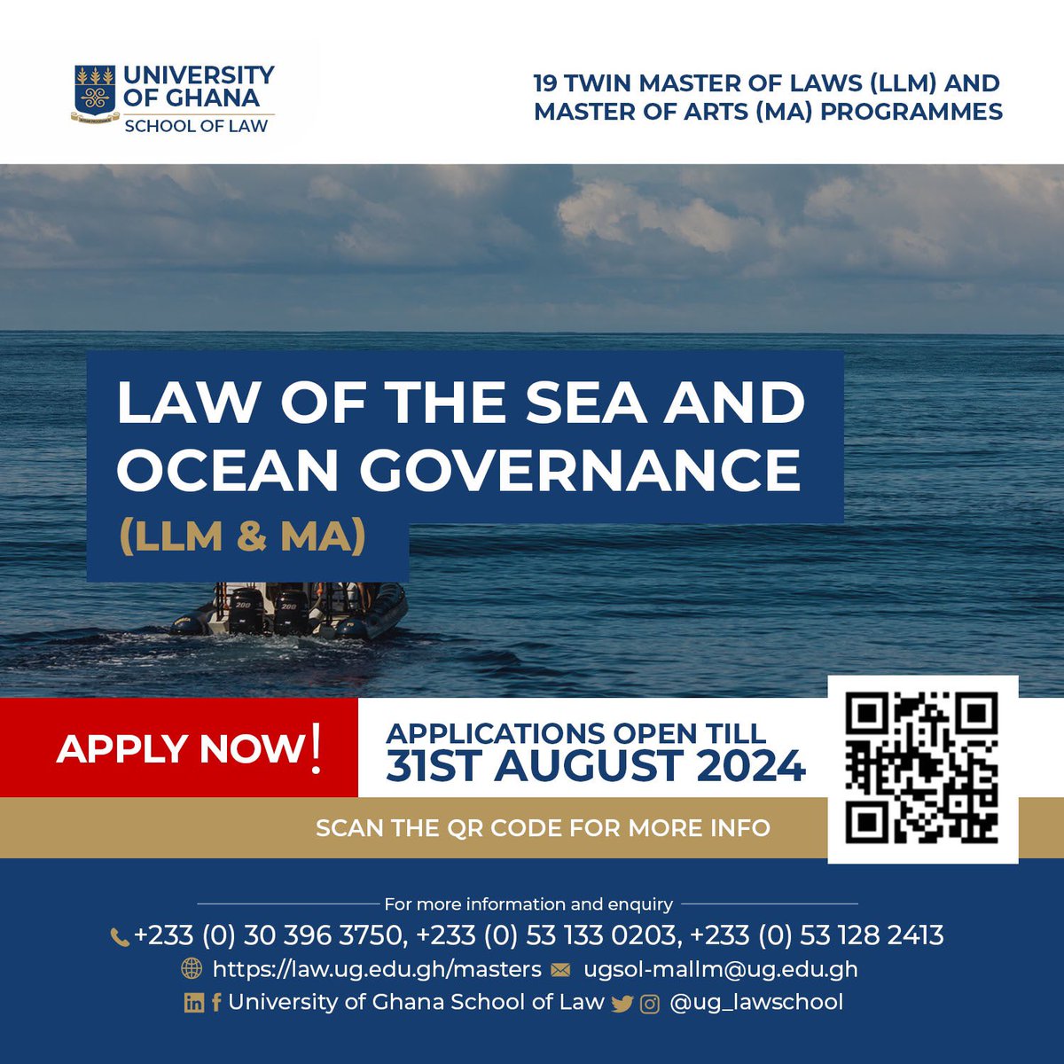 Have you ever wondered if there are laws that govern the ocean?Our Master’s in Law of the Sea and Ocean Governance is designed to give you that and more. 📚🔍🎓 For more enquiries, contact: +233 (0) 30 396 3750 | +233 (0) 53 133 0203 or visit law.ug.edu.gh/masters #mallm #law