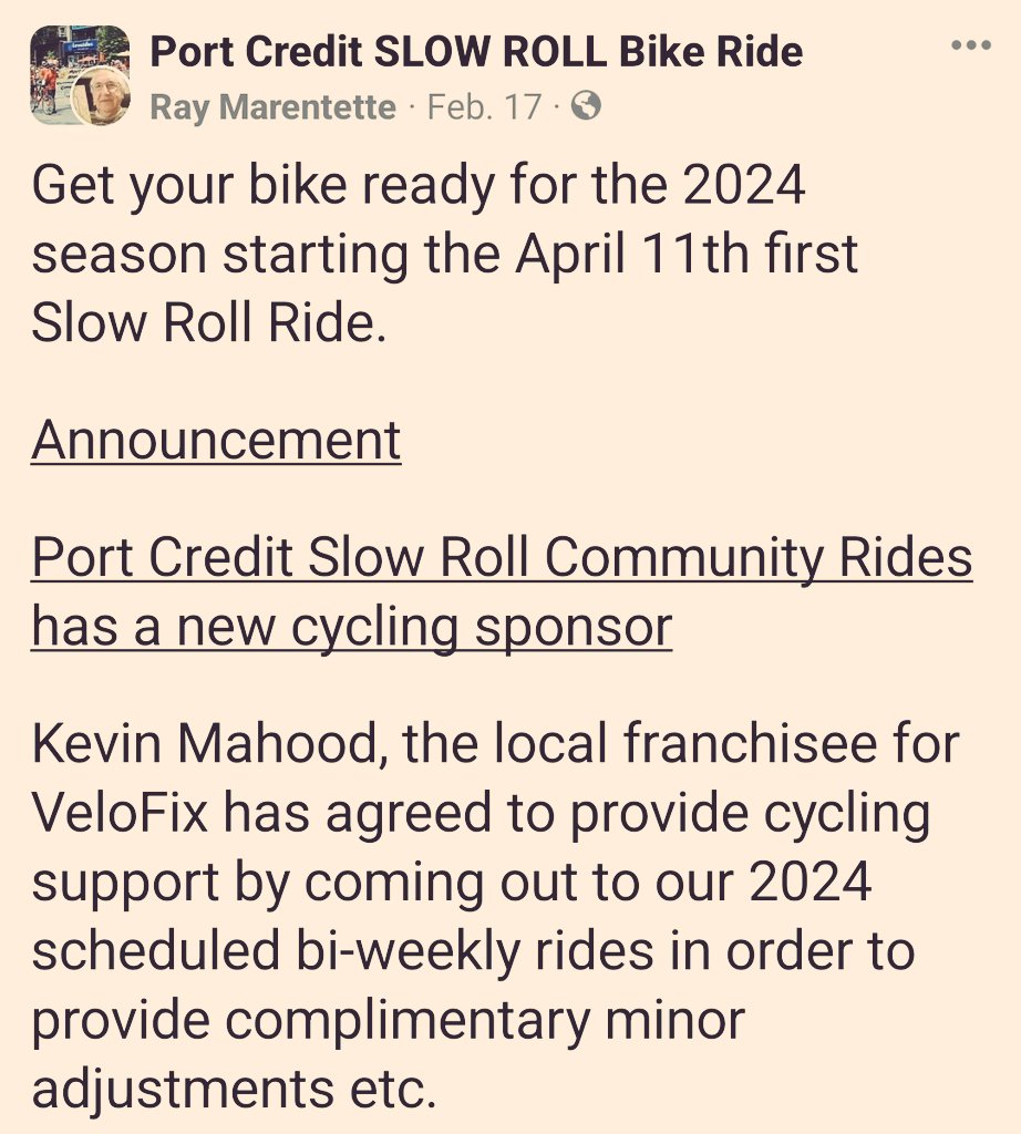 PORT CREDIT SLOW ROLL: *IT'S BACK* Thurs April 11 @ 7:00pm (departure) from📍JC Saddington Park in #PortCredit   🔄~10km 🦺🚴🏾🚴‍♀️🚴🏽‍♂️ First ride of season! Biweekly into Sept. 👉🏼Ride updates 🔗: facebook.com/share/p/ocMPhK… 🆓️ All Welcome! 📧 pcslowroll@gmail.com | #bikeMississauga 🚲