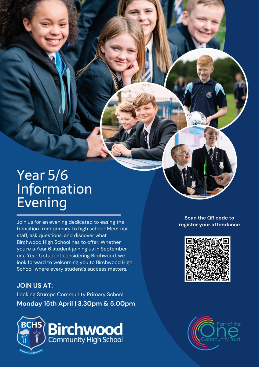 Join us @LockiesCPS on Monday to meet our staff and explore the opportunities at Birchwood High School! Monday 15th April, 3.30pm & 5.00pm at Locking Stumps Community Primary School. Confirm your attendance here or by scanning the QR code: buff.ly/43Q8oaS
