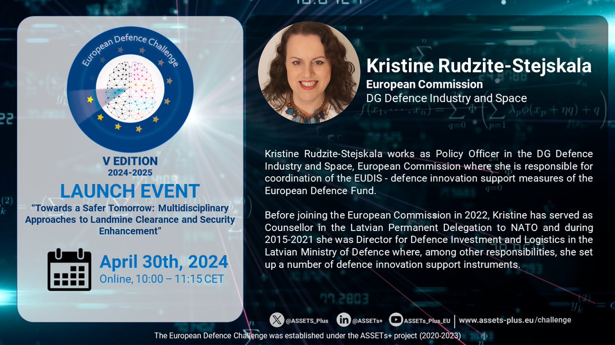 📌#EuropeanDefenceChallenge 5th ed. Launch Event: Kristīne Rudzīte-Stejskala from @defis_eu will be one of the speakers. Join us and discover all the details of this new edition of the challenge! 🗓️ April 30th, 10:00-11:15 CET ▶️YouTube Streaming 👉 assets-plus.eu/challenge