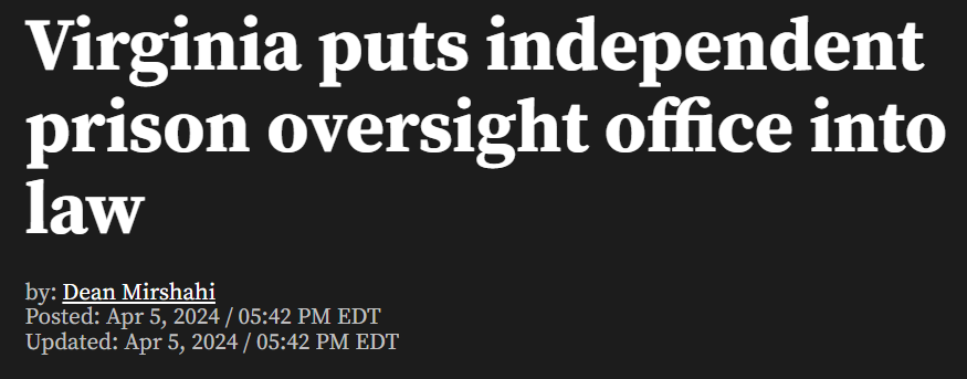 Maria (MJ) Goellner (@mjgoellner) on Twitter photo ๐VIRGINIA becomes the next state to create independent #PrisonOversight! Way to go <a href="/GlennYoungkin/">Glenn Youngkin</a>, <a href="/HopeforVirginia/">Patrick Hope</a>, <a href="/ShawnWeneta/">Shawn Weneta</a>! What a great step for Virginia families and taxpayers.
wric.com/news/politics/โฆ ๐VIRGINIA becomes the next state to create independent #PrisonOversight! Way to go <a href="/GlennYoungkin/">Glenn Youngkin</a>, <a href="/HopeforVirginia/">Patrick Hope</a>, <a href="/ShawnWeneta/">Shawn Weneta</a>! What a great step for Virginia families and taxpayers.
wric.com/news/politics/โฆ