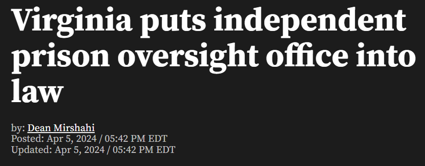 📜VIRGINIA becomes the next state to create independent #PrisonOversight! Way to go @GlennYoungkin, @HopeforVirginia, @ShawnWeneta! What a great step for Virginia families and taxpayers. wric.com/news/politics/…