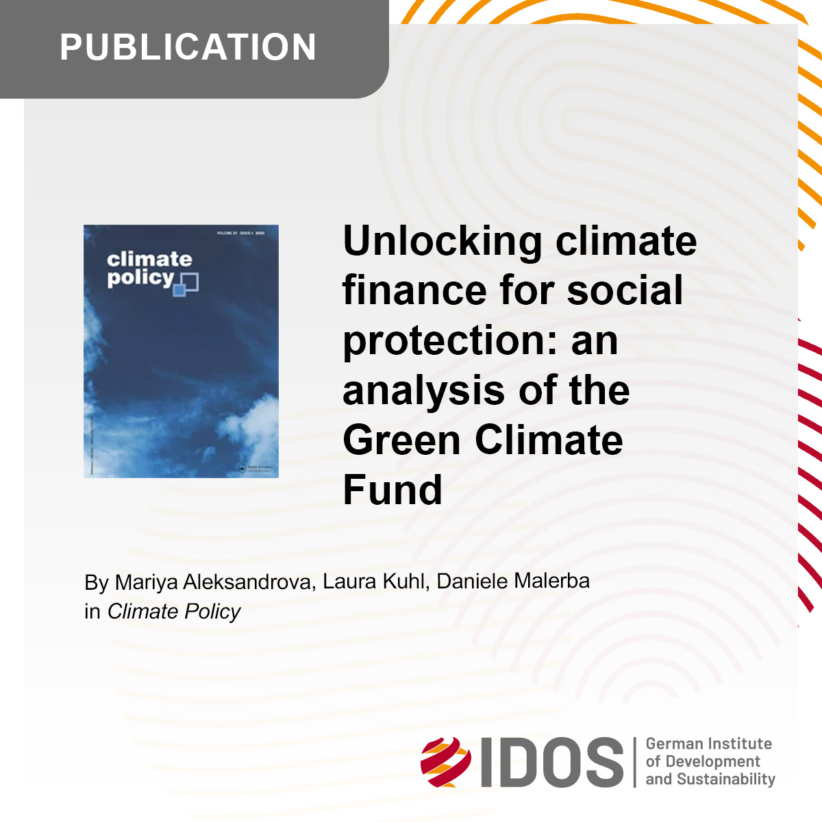 📚New #publication Unlocking #ClimateFinance is critical to realise the potential of #SocialProtection in global #ClimatePolicy. 💡 Mariya Aleksandrova, Laura Kuhl & @MalerbaDaniele take a look at the @UNFCCC #GreenClimateFund in: @Climate_Policy tandfonline.com/doi/full/10.10…. @theGCF