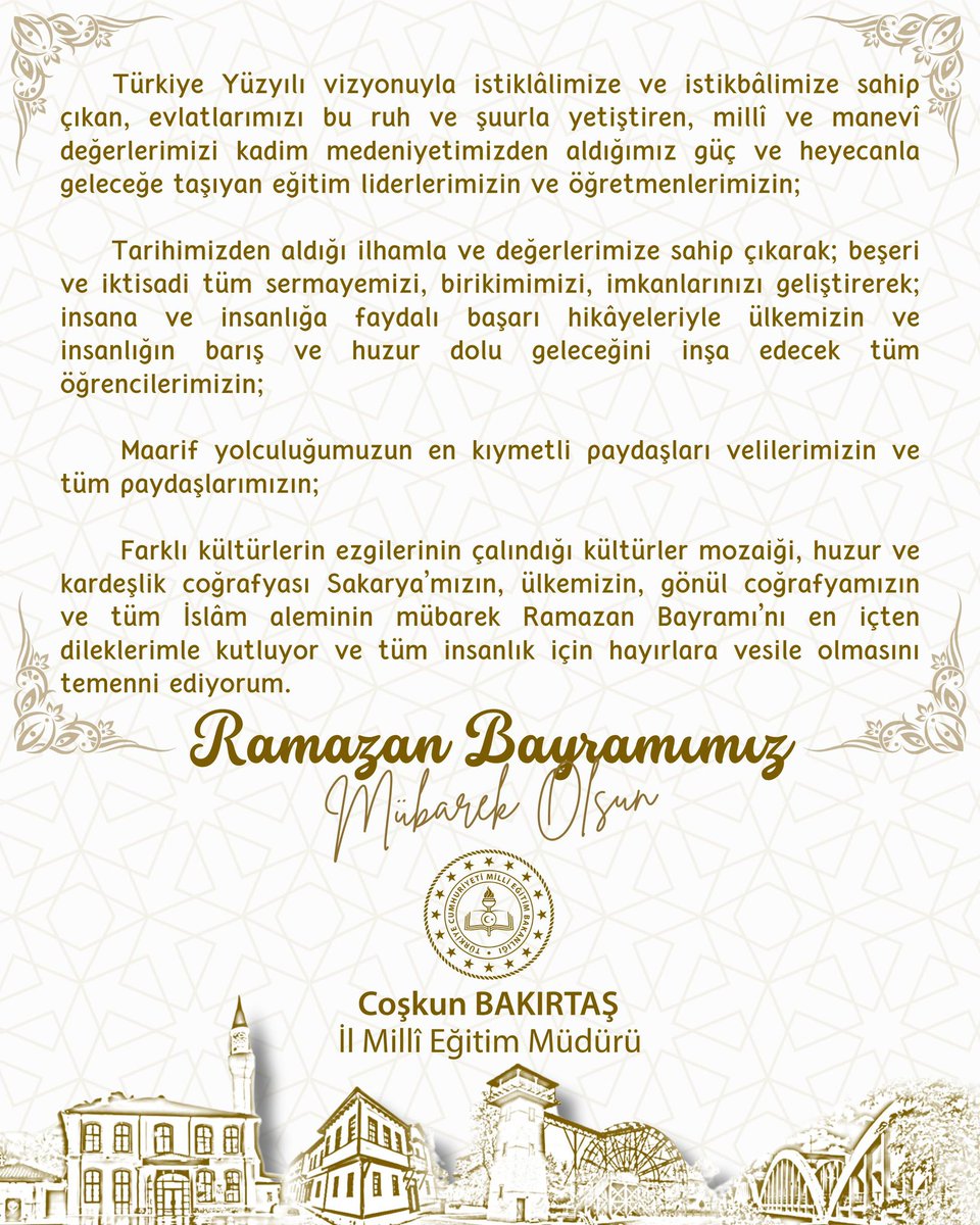 İl Millî Eğitim Müdürümüz @coskunbakirtas’ın Ramazan Bayramı Mesajı 👉meb.ai/Zbtlhj @Yusuf__Tekin @tcmeb @ValiKaradeniz