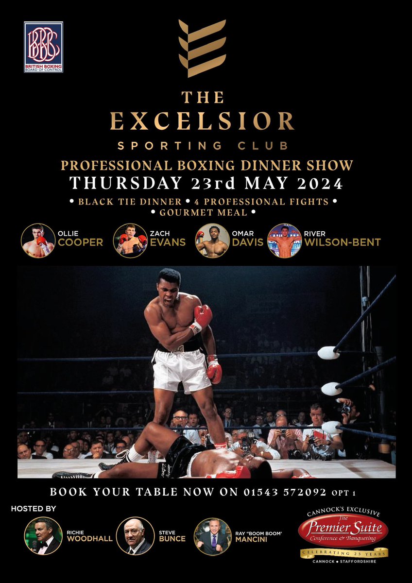 The Excelsior Sporting Club (@excelsiorsc1) on Twitter photo The next Excelsior Sporting Club Show on Thursday 23rd May <a href="/ThePremierSuite/">The Premier Suite</a>
Features
<a href="/ZEvans_Boxing/">Zachary Evans</a>
<a href="/OllieCooper21/">Ollie Cooper</a>
<a href="/RiverWBboxing/">River</a>
& debutant OmarDavis
Hosted by <a href="/bigdaddybunce/">Steve Bunce</a> <a href="/richiewoodhall/">Richie Woodhall</a> & <a href="/realboomboom/">Ray Mancini</a>
With MC <a href="/boxannouncer/">craig stephen</a>
T: 01543572092 Opt1
ticketpanda.io/event/the-exceโฆ The next Excelsior Sporting Club Show on Thursday 23rd May <a href="/ThePremierSuite/">The Premier Suite</a>
Features
<a href="/ZEvans_Boxing/">Zachary Evans</a>
<a href="/OllieCooper21/">Ollie Cooper</a>
<a href="/RiverWBboxing/">River</a>
& debutant OmarDavis
Hosted by <a href="/bigdaddybunce/">Steve Bunce</a> <a href="/richiewoodhall/">Richie Woodhall</a> & <a href="/realboomboom/">Ray Mancini</a>
With MC <a href="/boxannouncer/">craig stephen</a>
T: 01543572092 Opt1
ticketpanda.io/event/the-exceโฆ
