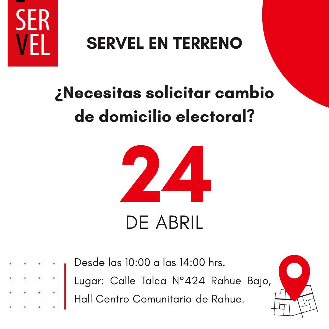 ¿Necesitas cambiar de domicilio electoral? Servel en terreno te invita a hacer este trámite en el hall de nuestro municipio el día 23 de abril en Avda Mackenna 851 y también en nuestra delegación de Rahue, el día 24 de abril en calle Talca 424. Ambos de 10:00 a 14:00 horas. ✅