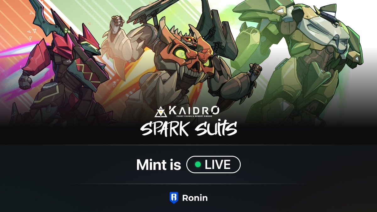 The Kaidro Spark Suit Mint is LIVE! Join your clan. Reveal your destiny ⚔️ • 50 RON per mint • Allowlist open until 3pm UTC • Only 9,999 NFTs available Mint now 👇 🔗 : marketplace.skymavis.com/launchpads/0x5… Full announcement 👇 🔗 : roninchain.com/blog/posts/the…