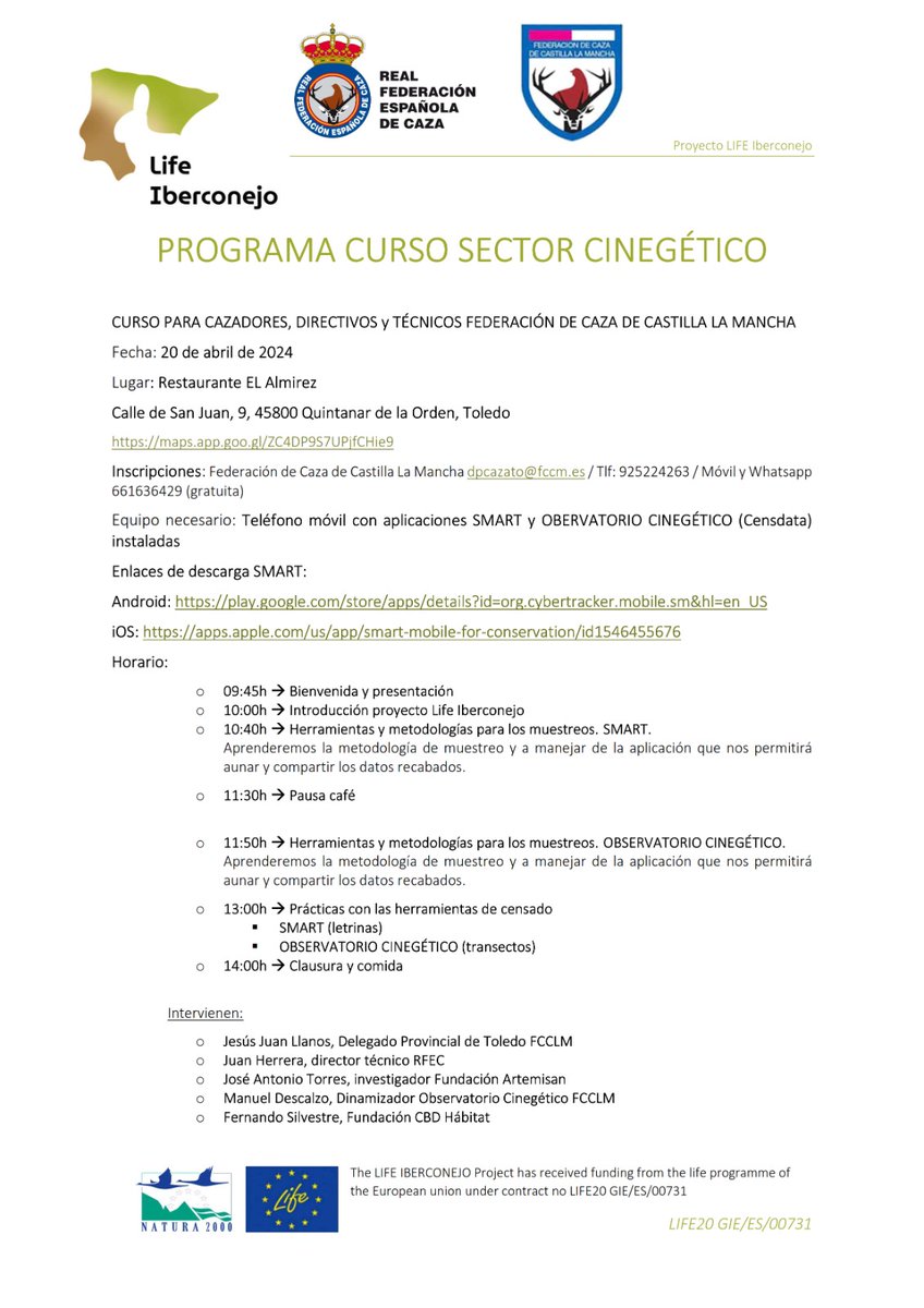 RFEC (@rfecaza) on Twitter photo 🫂 Os esperamos a todos en el Curso para cazadores, directivos y técnicos de la <a href="/FedCazaCLM/">Federación Caza CLM</a> dentro del proyecto <a href="/LIFEiberconejo/">LIFE Iberconejo</a>.
📍 Restaurante El Almirez en Quintanar de la Orden (Toledo). 🫂 Os esperamos a todos en el Curso para cazadores, directivos y técnicos de la <a href="/FedCazaCLM/">Federación Caza CLM</a> dentro del proyecto <a href="/LIFEiberconejo/">LIFE Iberconejo</a>.
📍 Restaurante El Almirez en Quintanar de la Orden (Toledo).