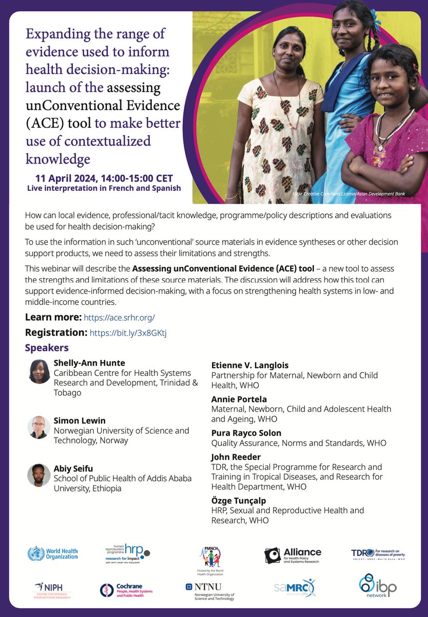 WEBINAR: Launch of the assessing unConventional Evidence (ACE) tool to make better use of contextualized knowledge

11 April at 14:00 CET

Learn more: ace.srhr.org
Register: bit.ly/3x8GKtj