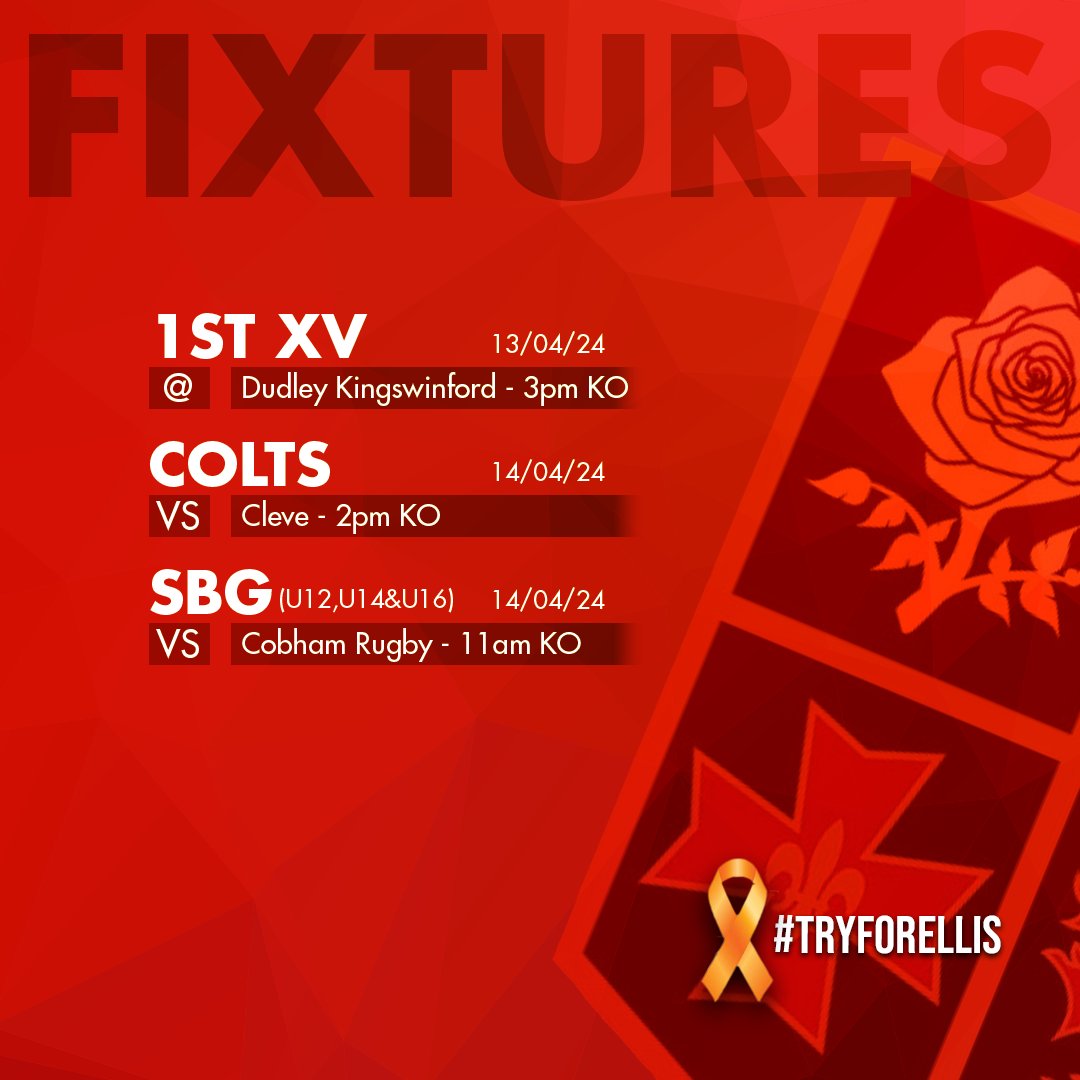 ⬇️ Fixtures ⬇️ A quiet Saturday but a packed Sunday! 13/04 1st XV - Dudley Kingswinford - Away - 3pm KO 14/04 SBG - Cobham Rugby - Home - 11am KO COLTS - Cleve - Home - 2pm KO #UTR #TryForEllis #national2west