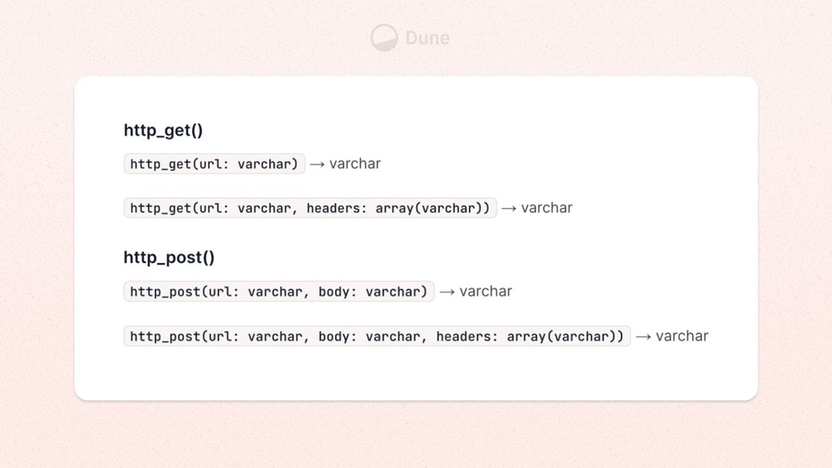 Dune's tweet image. 1/ DuneSQL LiveFetch is LIVE! 🤩

This new feature brings the power of the web directly to your queries. 🕶️

Say hello to http_get() and http_post()  #DuneData #DuneSQL #DuneDashboards #DuneWizards