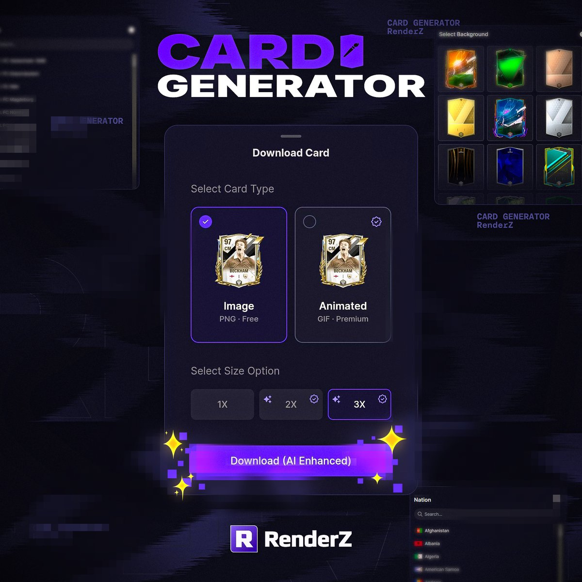 💻Have you tried our Card Generator's exclusive Premium AI Upscaling? ⚙️ Customize your own cards and create a 3x larger GIF with the Founders Pass! Sign up now! 🔗 renderz.app/24/card-genera…