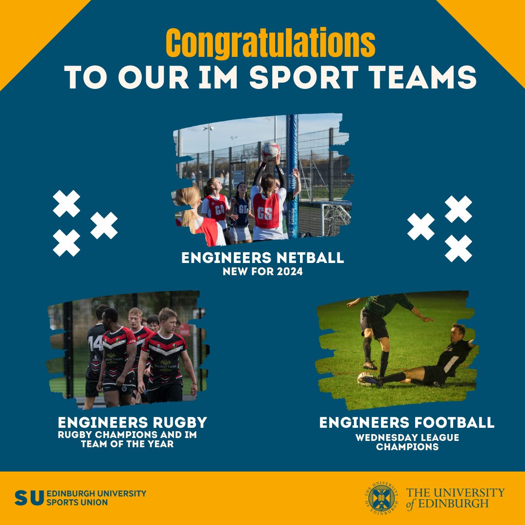 👏 Congrats to our #engineering sports teams for their recent successes in @UoESportsunion's Intramural league! 🏐 Engineering Netball: New for 2024 🏉 Engineers Rugby: Team of the Year ⚽ Engineering Football: Wednesday league champions Want to take part? Contact eusu@ed.ac.uk