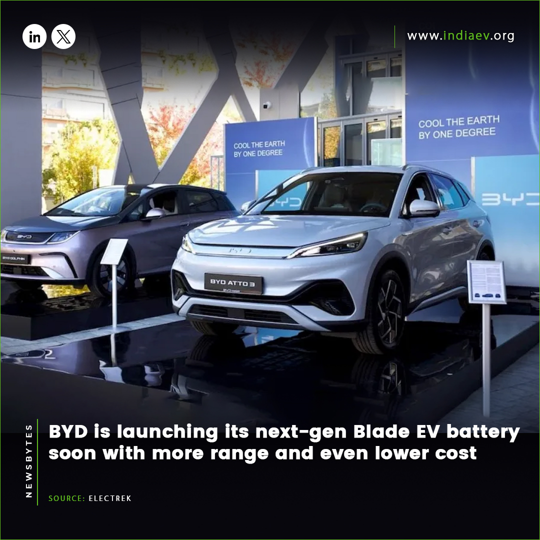 BYD is launching its next-gen Blade EV battery soon with more range and even lower cost
Read more:- electrek.co/2024/04/08/byd…

#BYD #electricvehicles #nextgen #sustainable #cleanenergy #GoGreen #GreenTech #GreenTechnology #ElectricFuture #GreenIndia #IndiaEVShow #EntrepreneurIndia