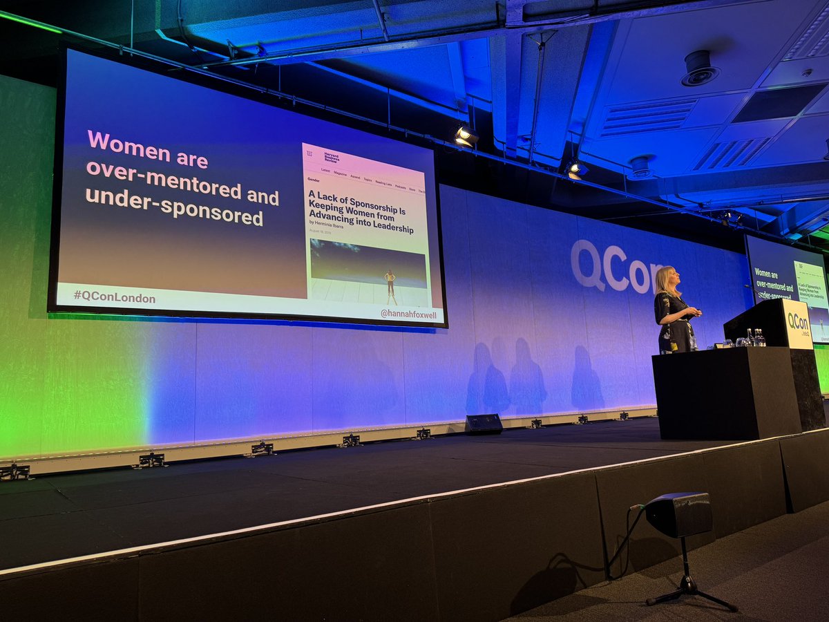 Love the discussion about mentoring, coaching, and sponsorship from @HannahFoxwell at #QConLondon Such an important topic, especially for women and underrepresented groups in tech