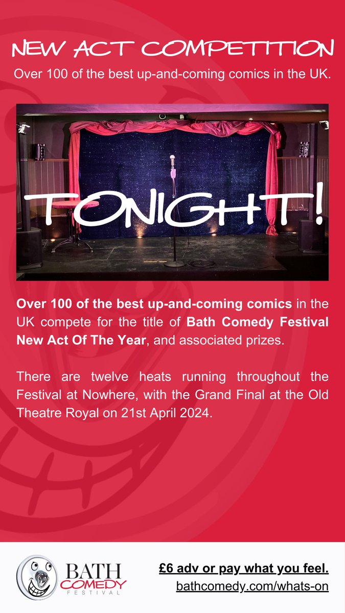 BathComedyFest's tweet photo. Join us for another fantastic #LaughInBath at the #BathComedyFestival.
Tonight we've got two acts at Ring O Bells Bath: #AliceFrick - The Anti Self-Help Show and @ljdafunk in... Trickle-down Fuckonomics
And the #FutureOfComedy perform at #Nowhere in our #BathNewAct24 Competition https://t.co/vRFrZCdesR