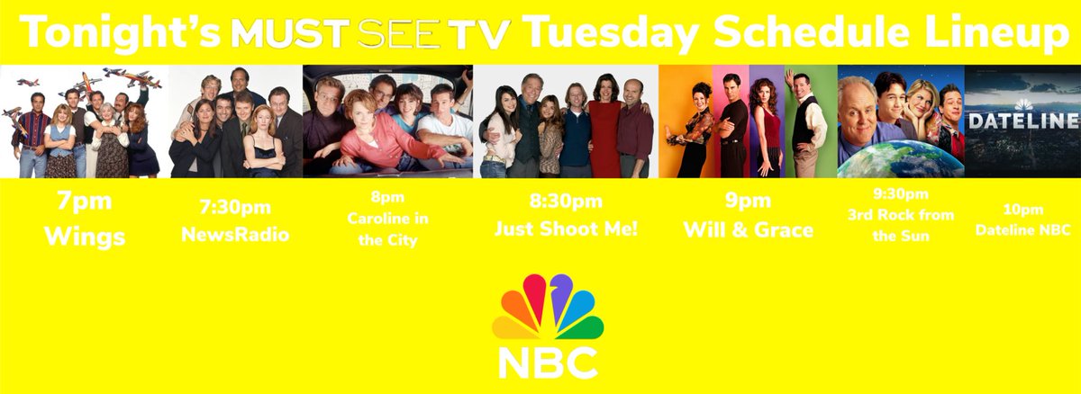 Let’s take a look of what’s coming up on tonight’s #MustSeeTV Tuesday we got #Wings, #NewsRadio, #CarolineInTheCity, #JustShootMe, #WillAndGrace, #3rdRock and a bonus news #DatelineNBC so watch it on #NBC starting at 7pm! 🙂😎🕶️🛋️📺
#3rdRockFromTheSun @DatelineNBC @nbc #NBCTV
