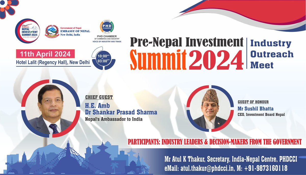 Prior to the 3rd edition of Nepal Investment Summit 2024, (investinnepal.gov.np/this-summit/), <a href="/EONIndia/">Nepal Embassy, India</a> &amp; #IndiaNepalCentre <a href="/phdchamber/">PHD Chamber</a> host an “Industry Outreach Meet” on 11 April in New Delhi
<a href="/DrShankarSharma/">Dr. Shankar P Sharma</a> <a href="/IBNCEO/">Karmabhoomi Samaj</a> <a href="/IBNOffice/">Office of the Investment Board Nepal🇳🇵</a> <a href="/Surendrathapaji/">Dr. Surendra Thapa</a> <a href="/MofaNepal/">MOFA of Nepal 🇳🇵</a> <a href="/MEAIndia/">Randhir Jaiswal</a> <a href="/IndiaInNepal/">IndiaInNepal</a>