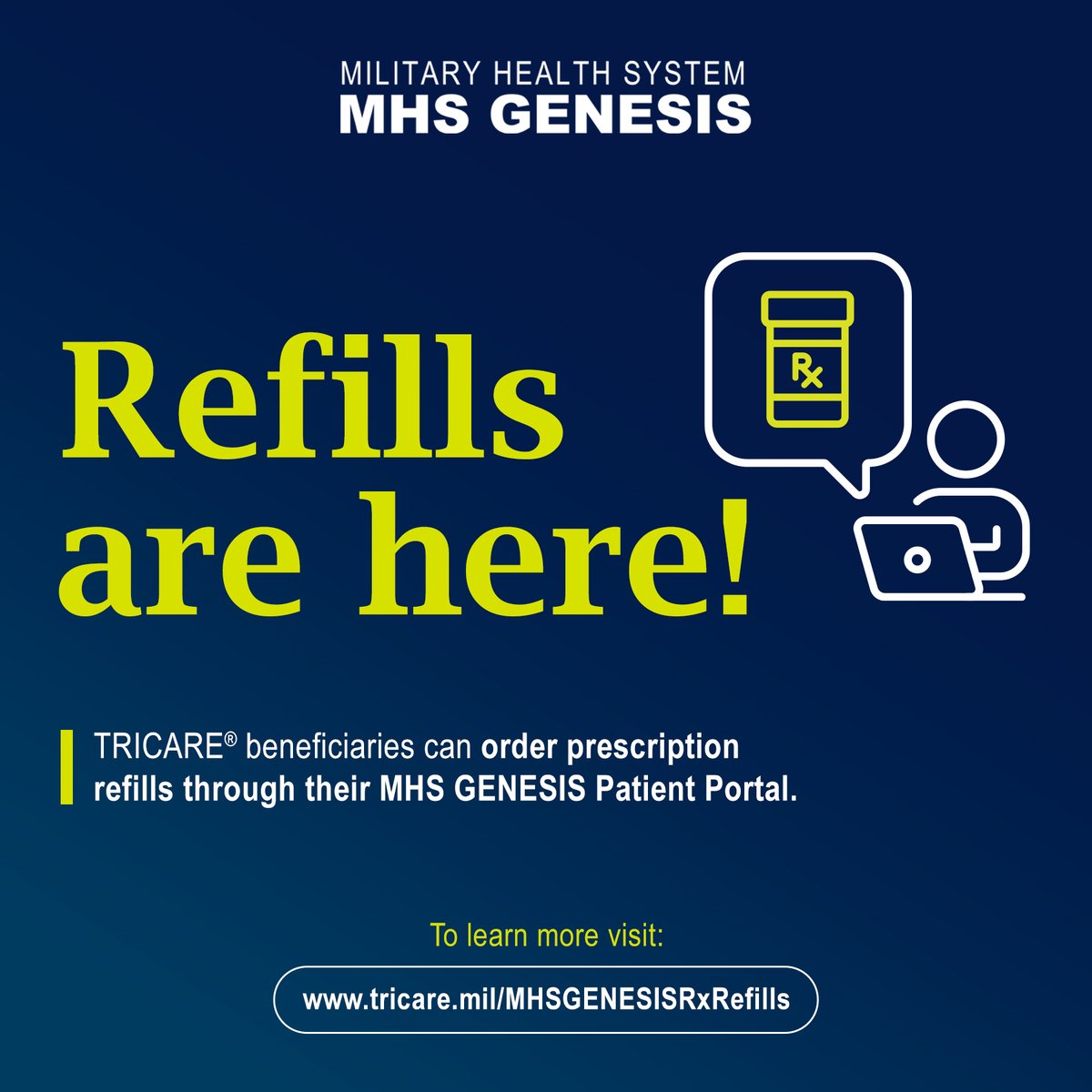 Need to refill a prescription? You can use the MHS GENESIS Patient Portal to refill prescriptions at your military pharmacy. Learn more about this new feature at: tricare.mil/MHSGENESISRxRe…